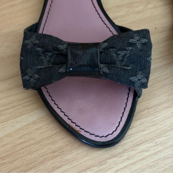 LOUIS VUITTON sz 7 37 Black Denim Bow Flats Sandals - Picture 8 of 14